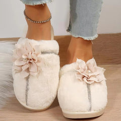 Flower Decor Furry Crystal Warm Fur Cotton Comfort Soft Sole Plush Slides Home Slipper