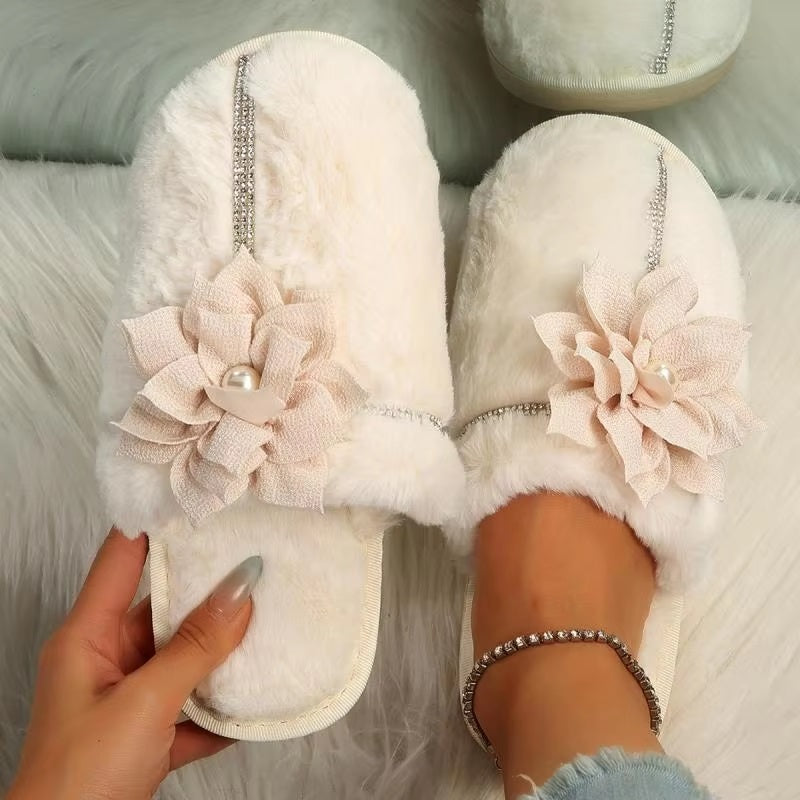 Flower Decor Furry Crystal Warm Fur Cotton Comfort Soft Sole Plush Slides Home Slipper