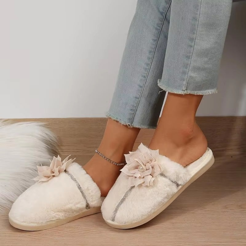 Flower Decor Furry Crystal Warm Fur Cotton Comfort Soft Sole Plush Slides Home Slipper