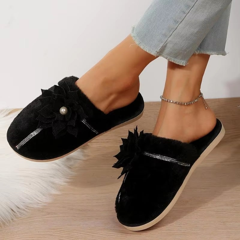 Flower Decor Furry Crystal Warm Fur Cotton Comfort Soft Sole Plush Slides Home Slipper