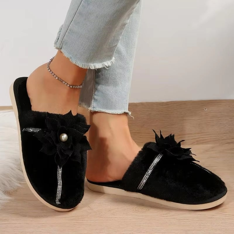 Flower Decor Furry Crystal Warm Fur Cotton Comfort Soft Sole Plush Slides Home Slipper