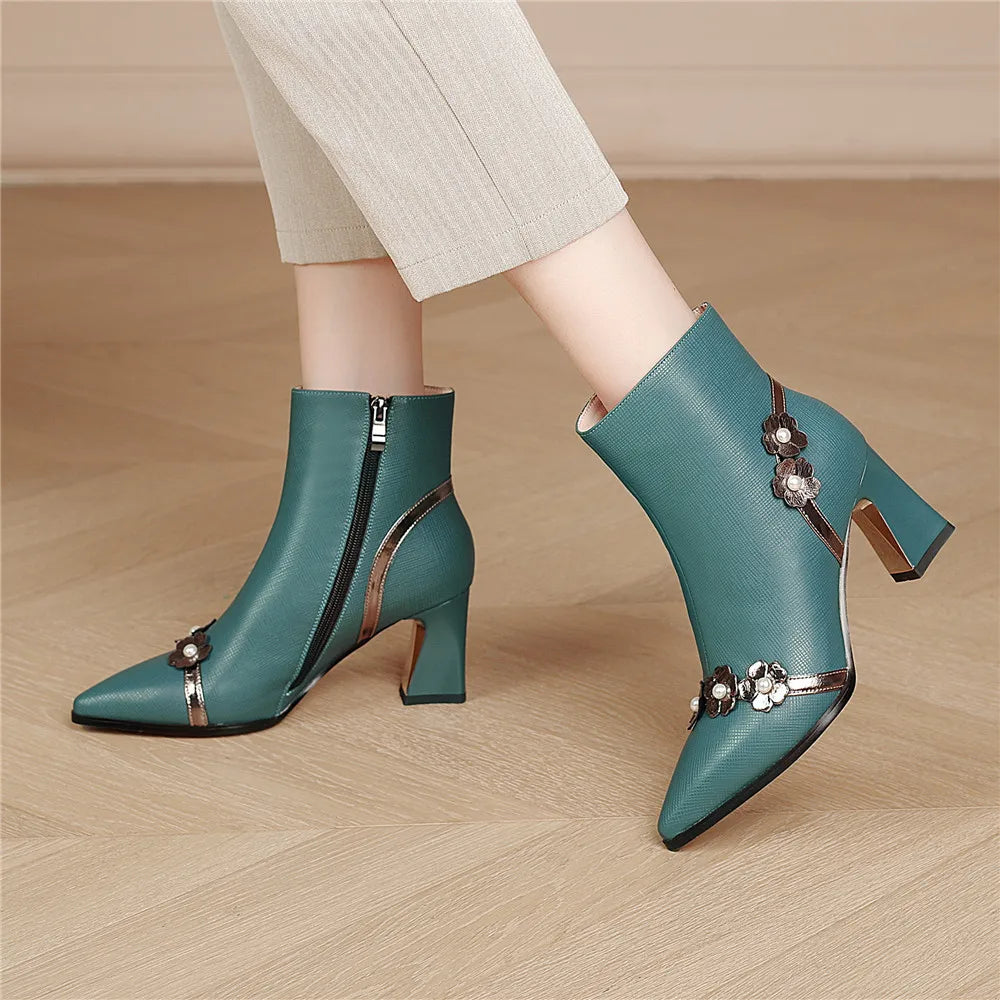 Flower Full Genuine Leather Pointed Toe Comfortable Thick Heels Ankle Boots