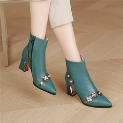 Flower Full Genuine Leather Pointed Toe Comfortable Thick Heels Ankle Boots