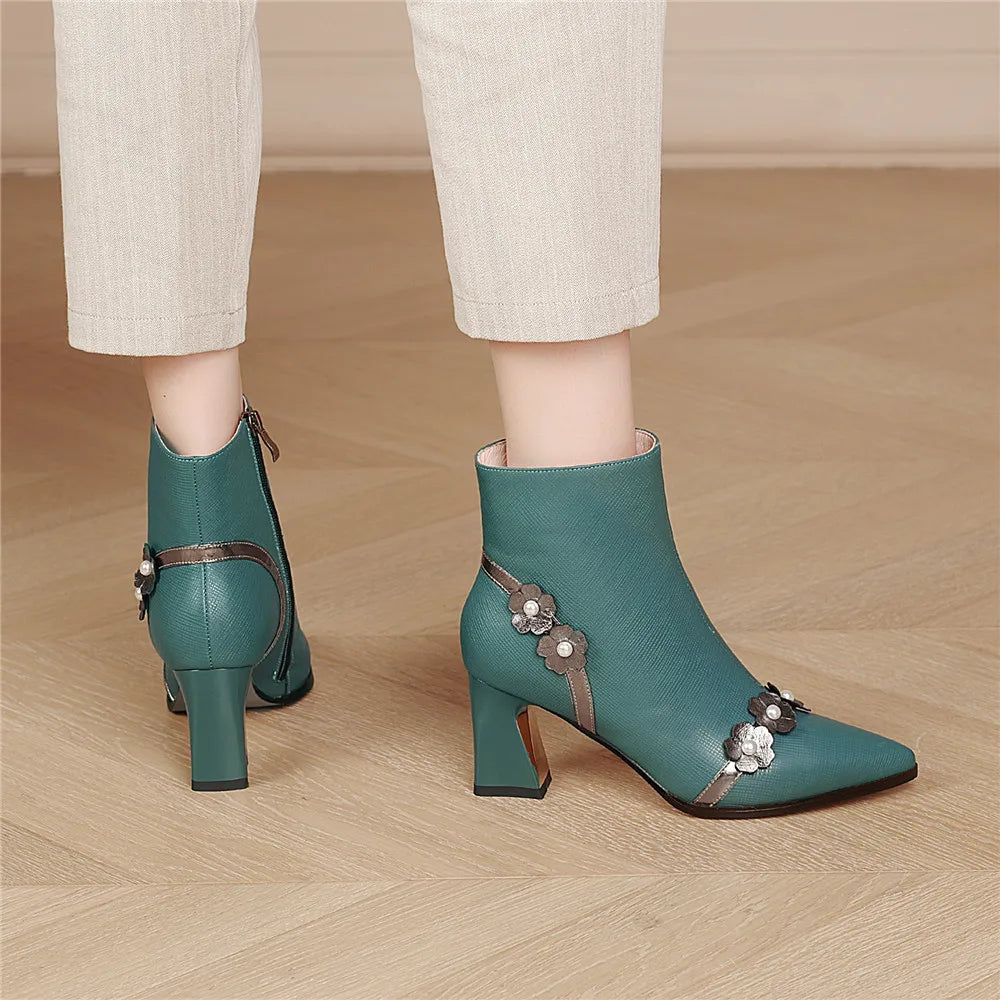 Flower Full Genuine Leather Pointed Toe Comfortable Thick Heels Ankle Boots