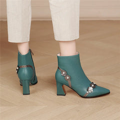 Flower Full Genuine Leather Pointed Toe Comfortable Thick Heels Ankle Boots