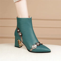 Flower Full Genuine Leather Pointed Toe Comfortable Thick Heels Ankle Boots