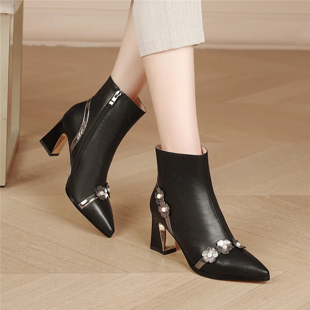 Flower Full Genuine Leather Pointed Toe Comfortable Thick Heels Ankle Boots