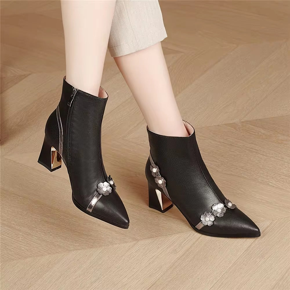 Flower Full Genuine Leather Pointed Toe Comfortable Thick Heels Ankle Boots