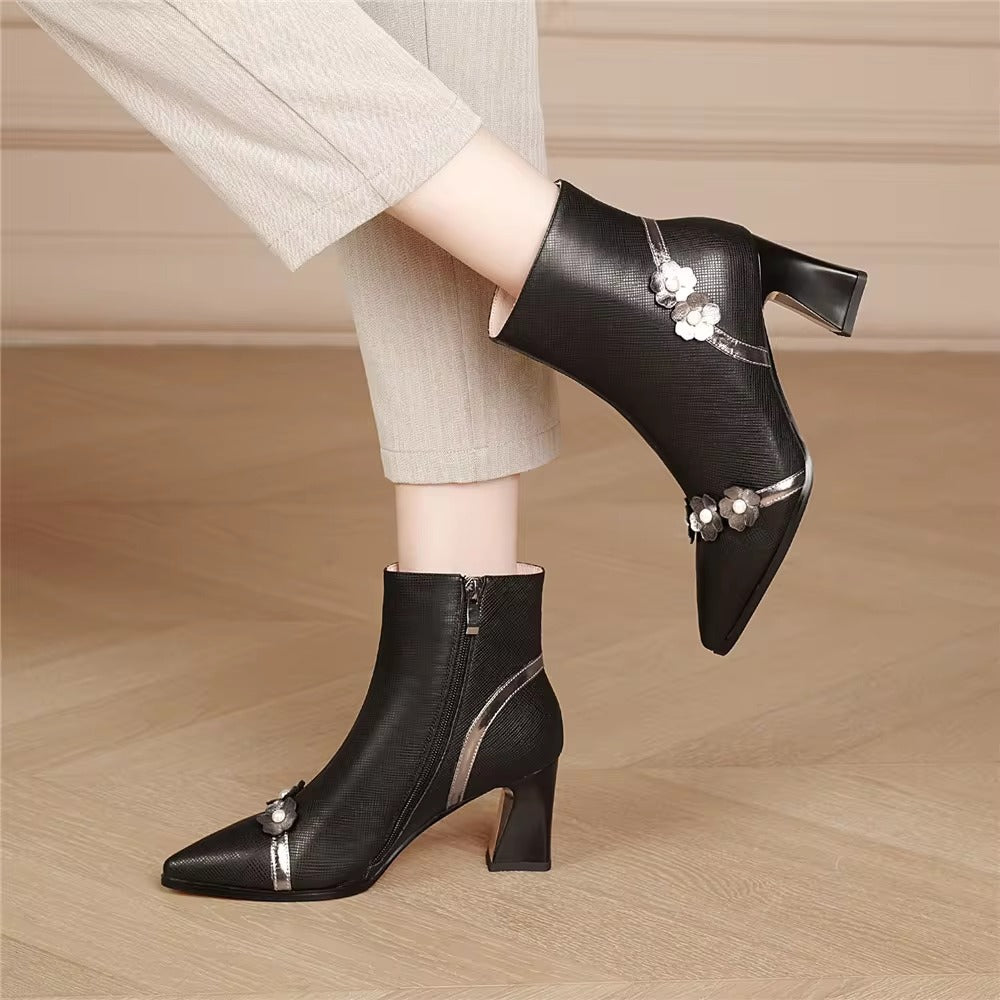 Flower Full Genuine Leather Pointed Toe Comfortable Thick Heels Ankle Boots