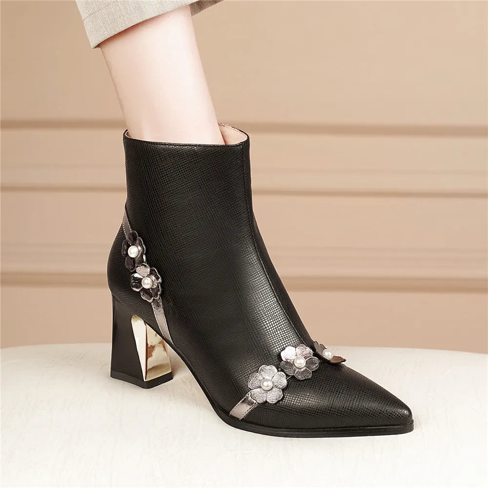 Flower Full Genuine Leather Pointed Toe Comfortable Thick Heels Ankle Boots