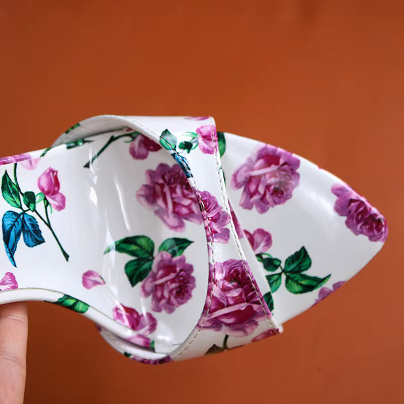 Flower Print Pointed Toe Work Dress Outdoor High Heels Sandal