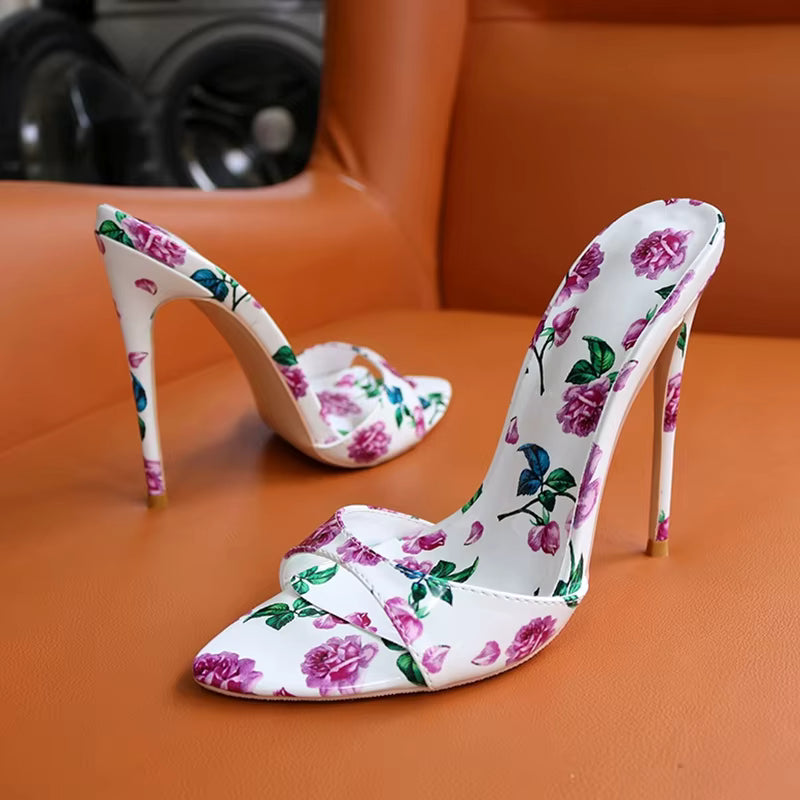 Flower Print Pointed Toe Work Dress Outdoor High Heels Sandal