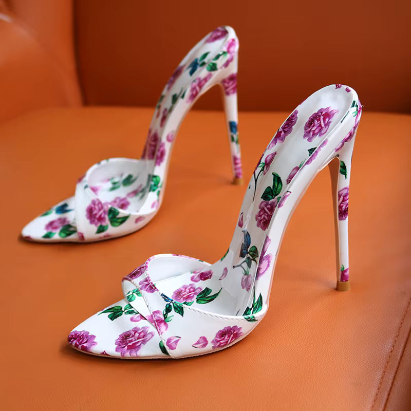 Flower Print Pointed Toe Work Dress Outdoor High Heels Sandal
