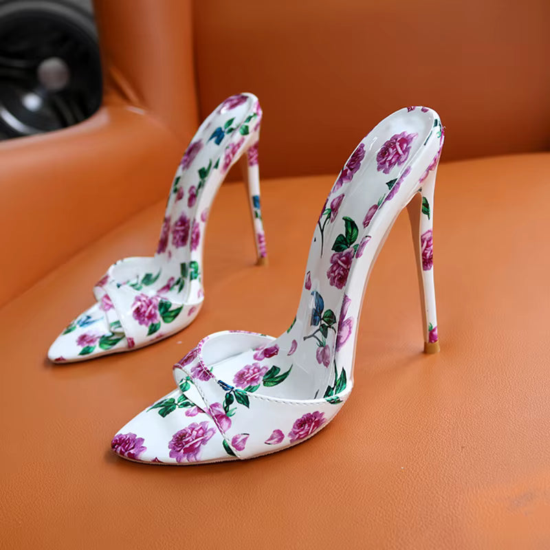 Flower Print Pointed Toe Work Dress Outdoor High Heels Sandal