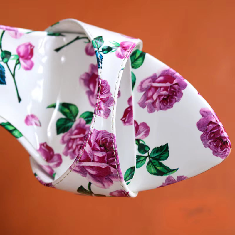 Flower Print Pointed Toe Work Dress Outdoor High Heels Sandal