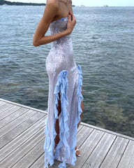 Flower Ruffle Detail Sequin Maxi Dress Silver Blue