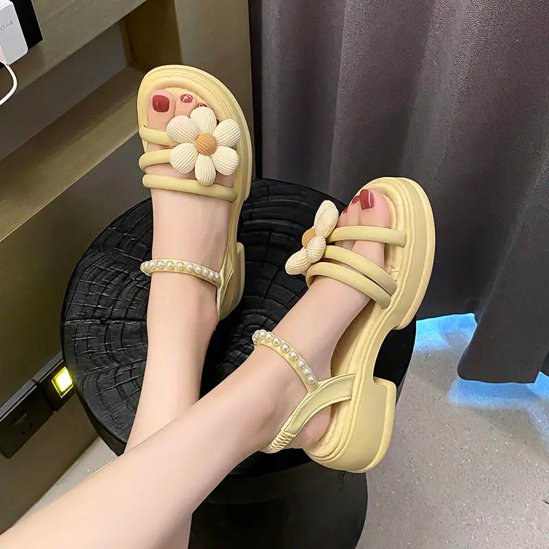 Flowers Pearl Platform Block Heel Roman Style Sandals