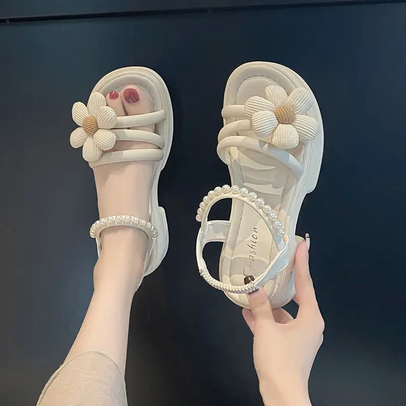 Flowers Pearl Platform Block Heel Roman Style Sandals