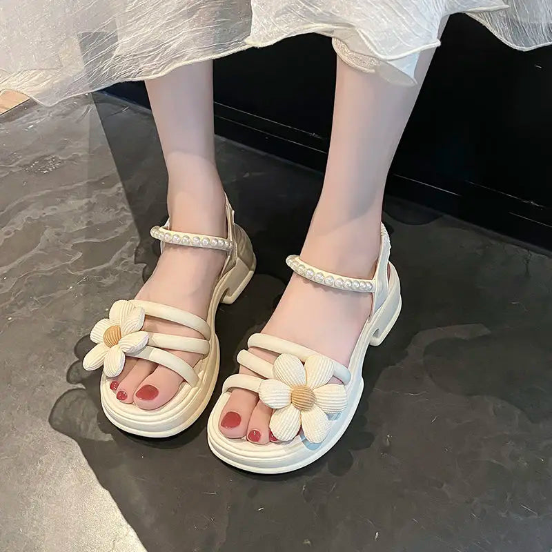 Flowers Pearl Platform Block Heel Roman Style Sandals