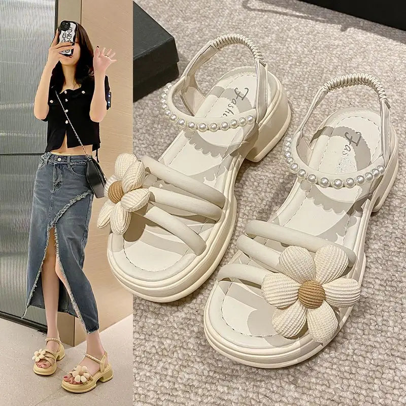 Flowers Pearl Platform Block Heel Roman Style Sandals