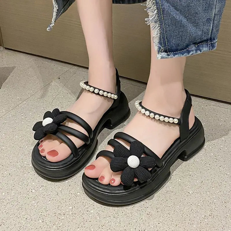 Flowers Pearl Platform Block Heel Roman Style Sandals