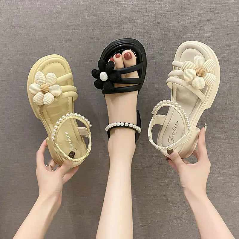 Flowers Pearl Platform Block Heel Roman Style Sandals