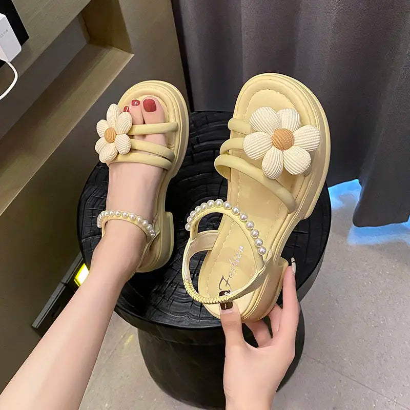 Flowers Pearl Platform Block Heel Roman Style Sandals