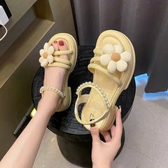 Flowers Pearl Platform Block Heel Roman Style Sandals