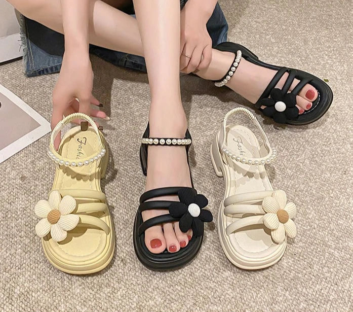 Flowers Pearl Platform Block Heel Roman Style Sandals