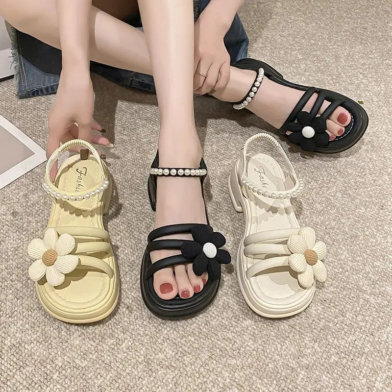 Flowers Pearl Platform Block Heel Roman Style Sandals