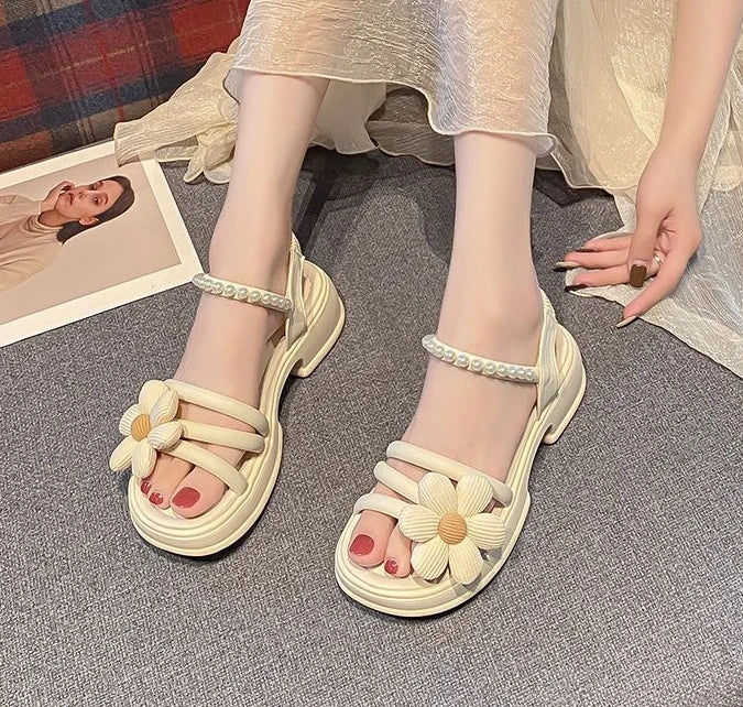 Flowers Pearl Platform Block Heel Roman Style Sandals
