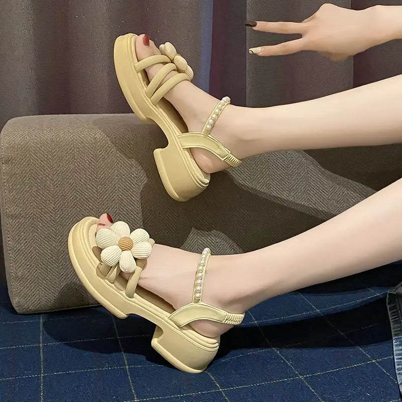 Flowers Pearl Platform Block Heel Roman Style Sandals