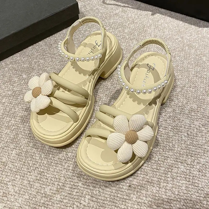 Flowers Pearl Platform Block Heel Roman Style Sandals