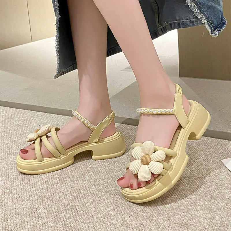 Flowers Pearl Platform Block Heel Roman Style Sandals