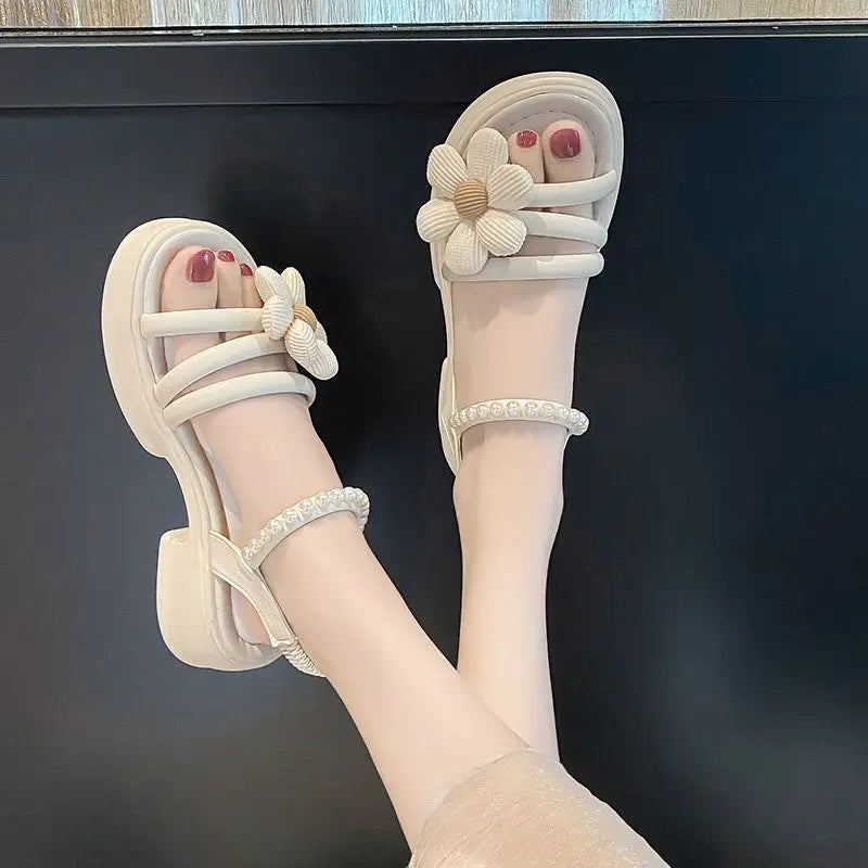 Flowers Pearl Platform Block Heel Roman Style Sandals