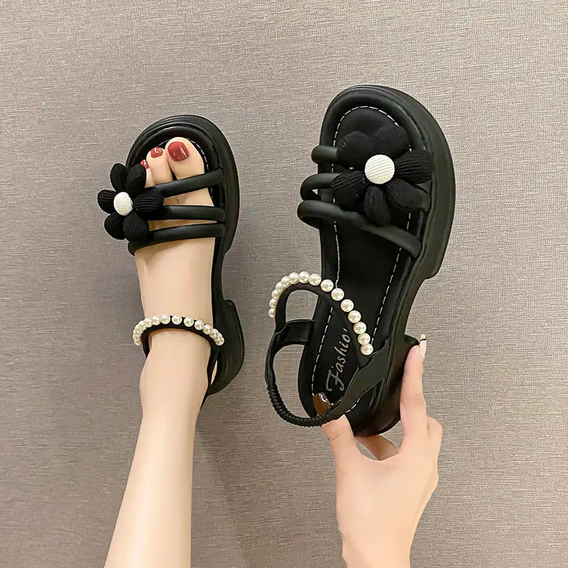 Flowers Pearl Platform Block Heel Roman Style Sandals