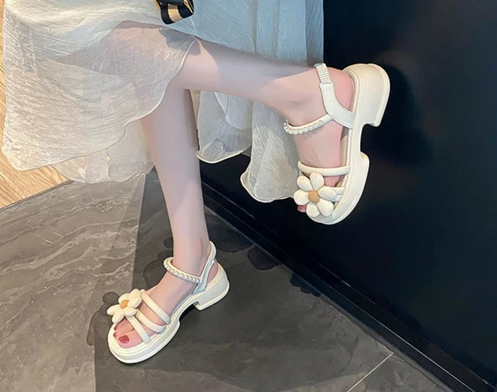 Flowers Pearl Platform Block Heel Roman Style Sandals