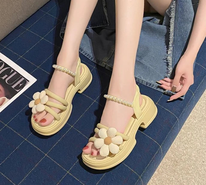 Flowers Pearl Platform Block Heel Roman Style Sandals