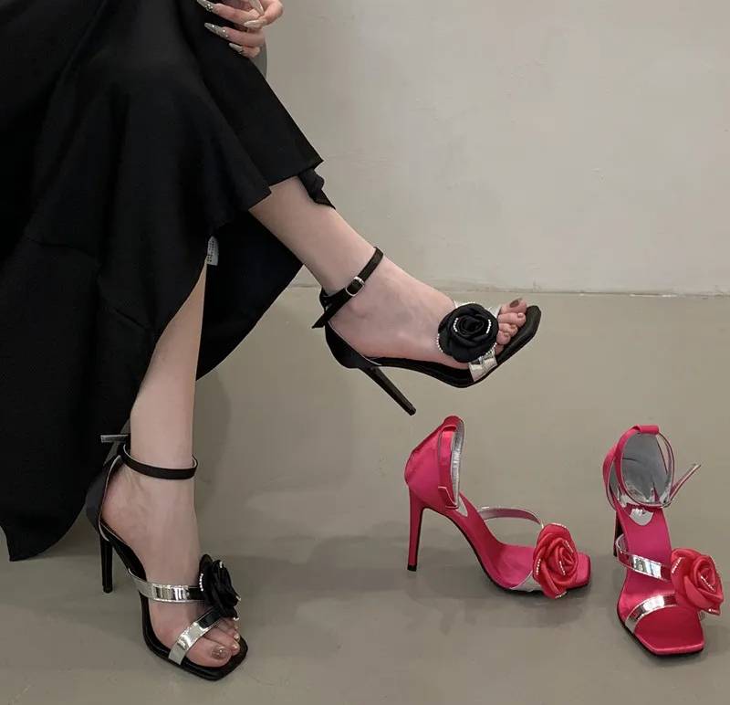 Flowers Rhinestones Square toe Gladiator Ankle Strap High Heels Sandals