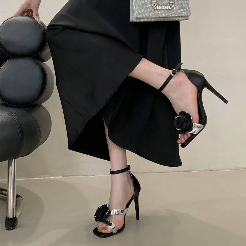 Flowers Rhinestones Square toe Gladiator Ankle Strap High Heels Sandals