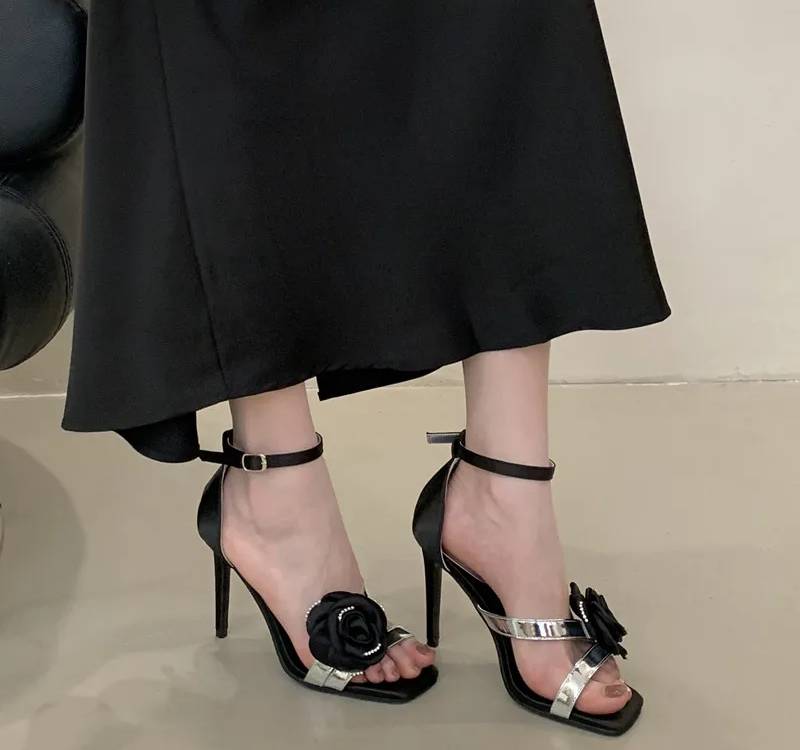 Flowers Rhinestones Square toe Gladiator Ankle Strap High Heels Sandals