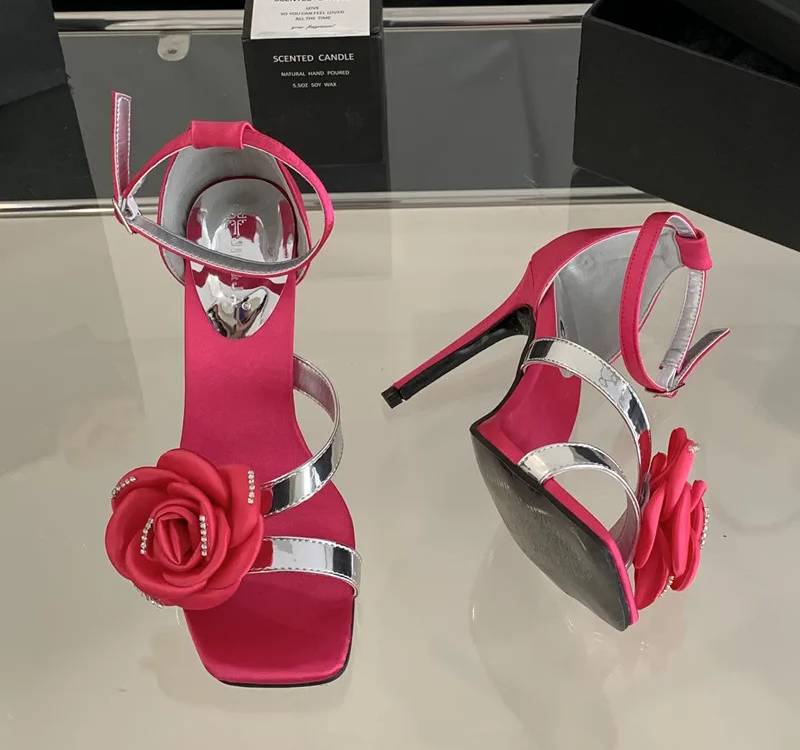 Flowers Rhinestones Square toe Gladiator Ankle Strap High Heels Sandals