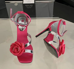 Flowers Rhinestones Square toe Gladiator Ankle Strap High Heels Sandals