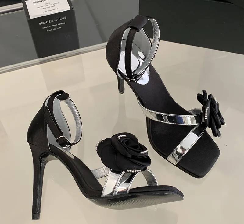 Flowers Rhinestones Square toe Gladiator Ankle Strap High Heels Sandals