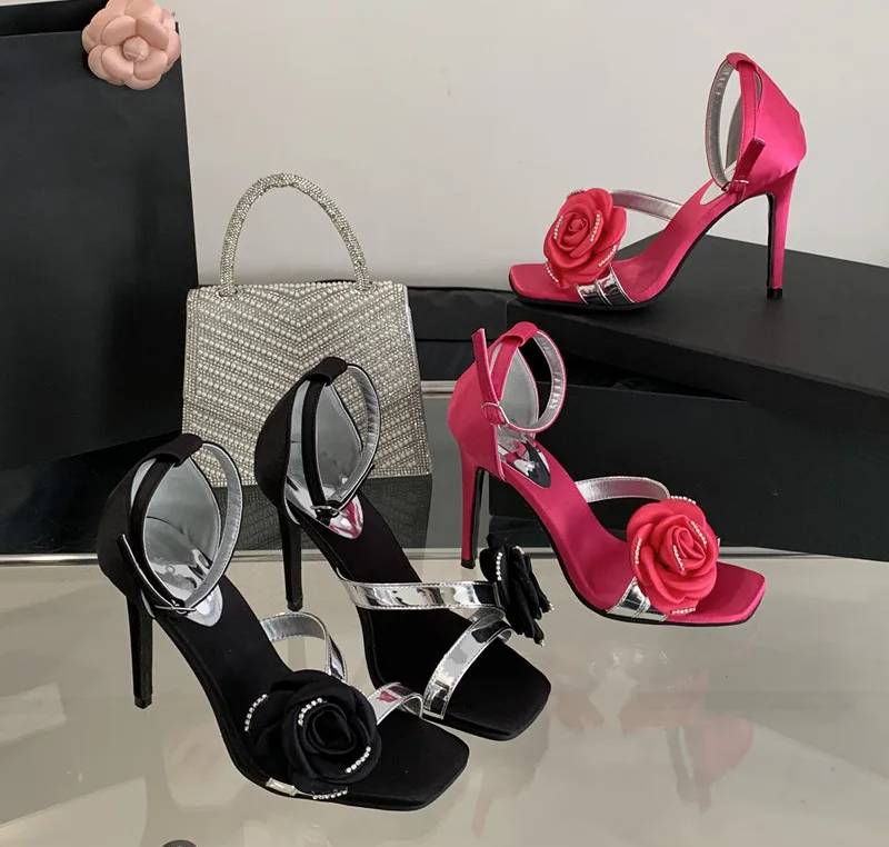 Flowers Rhinestones Square toe Gladiator Ankle Strap High Heels Sandals