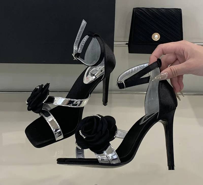 Flowers Rhinestones Square toe Gladiator Ankle Strap High Heels Sandals