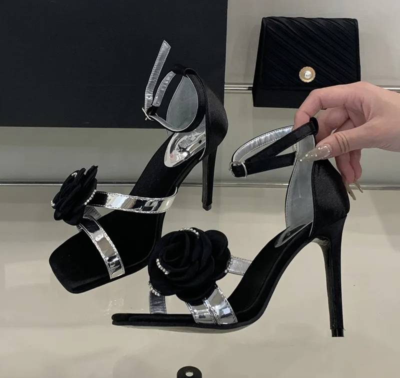 Flowers Rhinestones Square toe Gladiator Ankle Strap High Heels Sandals