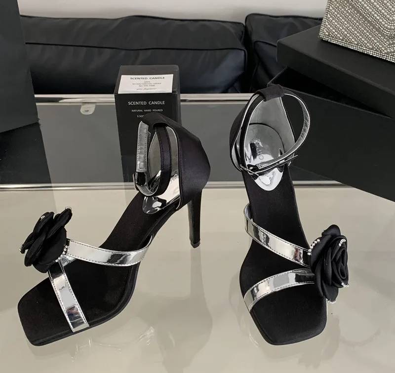 Flowers Rhinestones Square toe Gladiator Ankle Strap High Heels Sandals