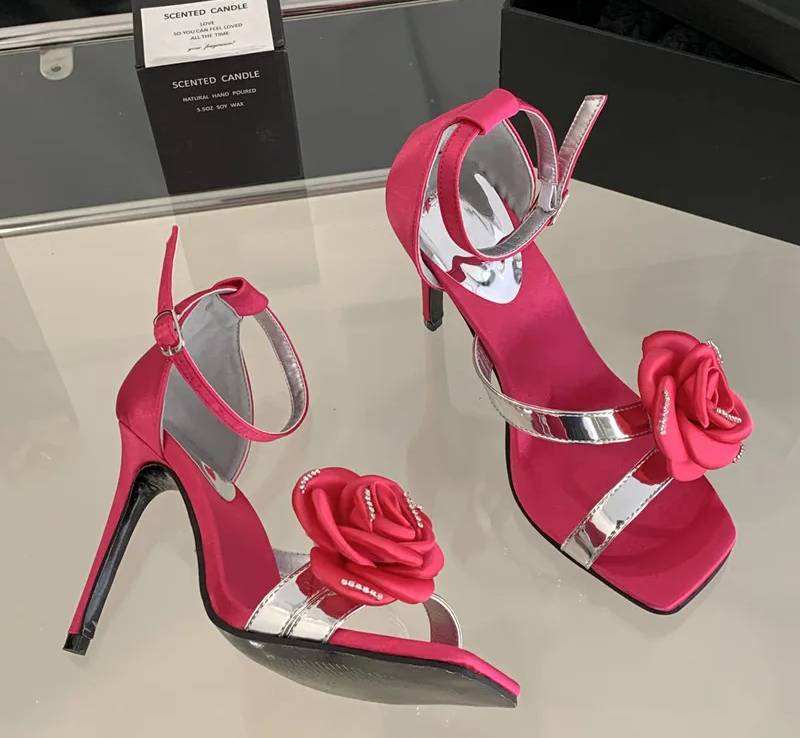 Flowers Rhinestones Square toe Gladiator Ankle Strap High Heels Sandals