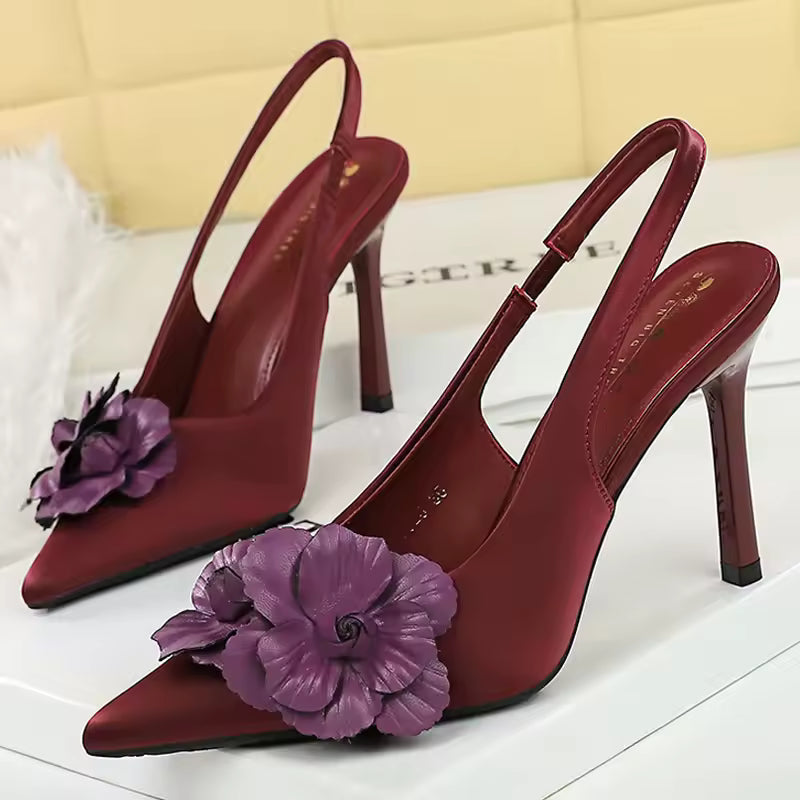 Flowers Silks Satins Blocked Hollow Out Hook Strap Stiletto High Heels Pumps